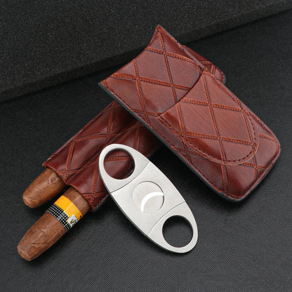Xifei 2 Slot Leather Cigar Case Set W/ Stainless Steel Cutter
