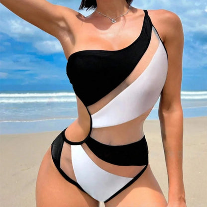 Women One-Piece Swimsuit One-shoulder Mesh Hollow Out Spliced Bathing Suit