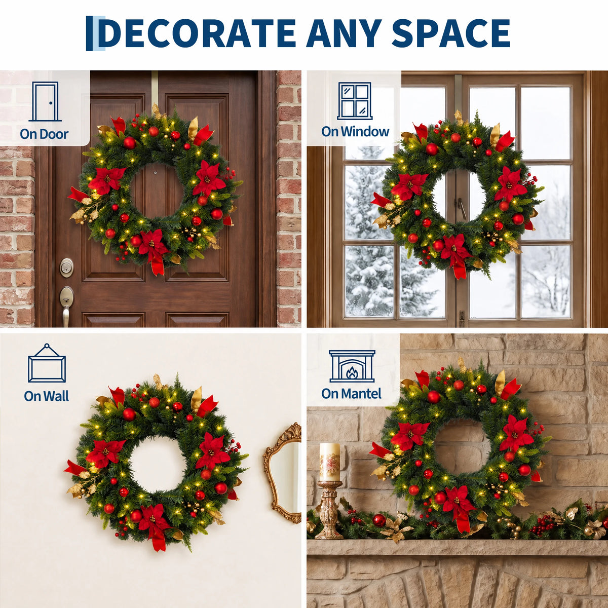 24-Inch Pre-Lit Christmas Wreath with Red Poinsettias & LED Lights