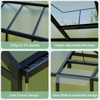 6x8FT Aluminum Walk-in Heavy Duty Polycarbonate Greenhouse with Roof Vent