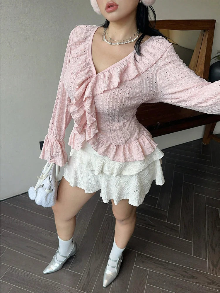 Plus Size Women's Elegant French Ruffle V-Neck Blouse, Pink Flared Sleeve Tops