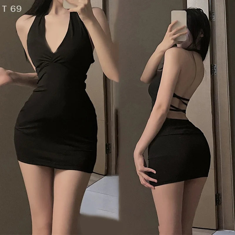 Women's Deep V-Neck Backless Halter Bodycon Mini Dress