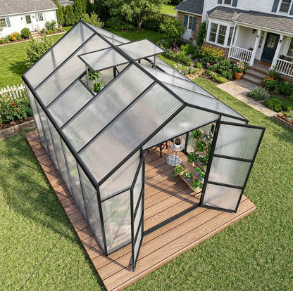 SUSUA 8x10FT Polycarbonate Raised Base and Anchor Aluminum Heavy Duty Greenhouse