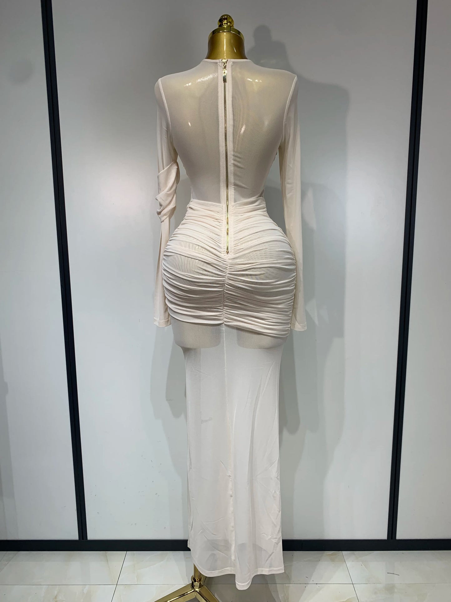 Women's Ruched Mesh Long Sleeve Bodycon Evening Dress
