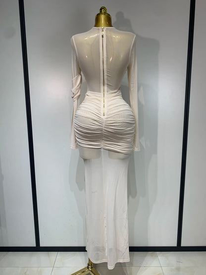 Women's Ruched Mesh Long Sleeve Bodycon Evening Dress