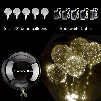 5 Sets LED Glow Balloons 20 Inch Clear Light Up Bobo Balloon