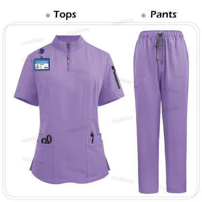 NiaaHinn Women's Stretch V-Neck Scrub Top & Cargo Pants Set