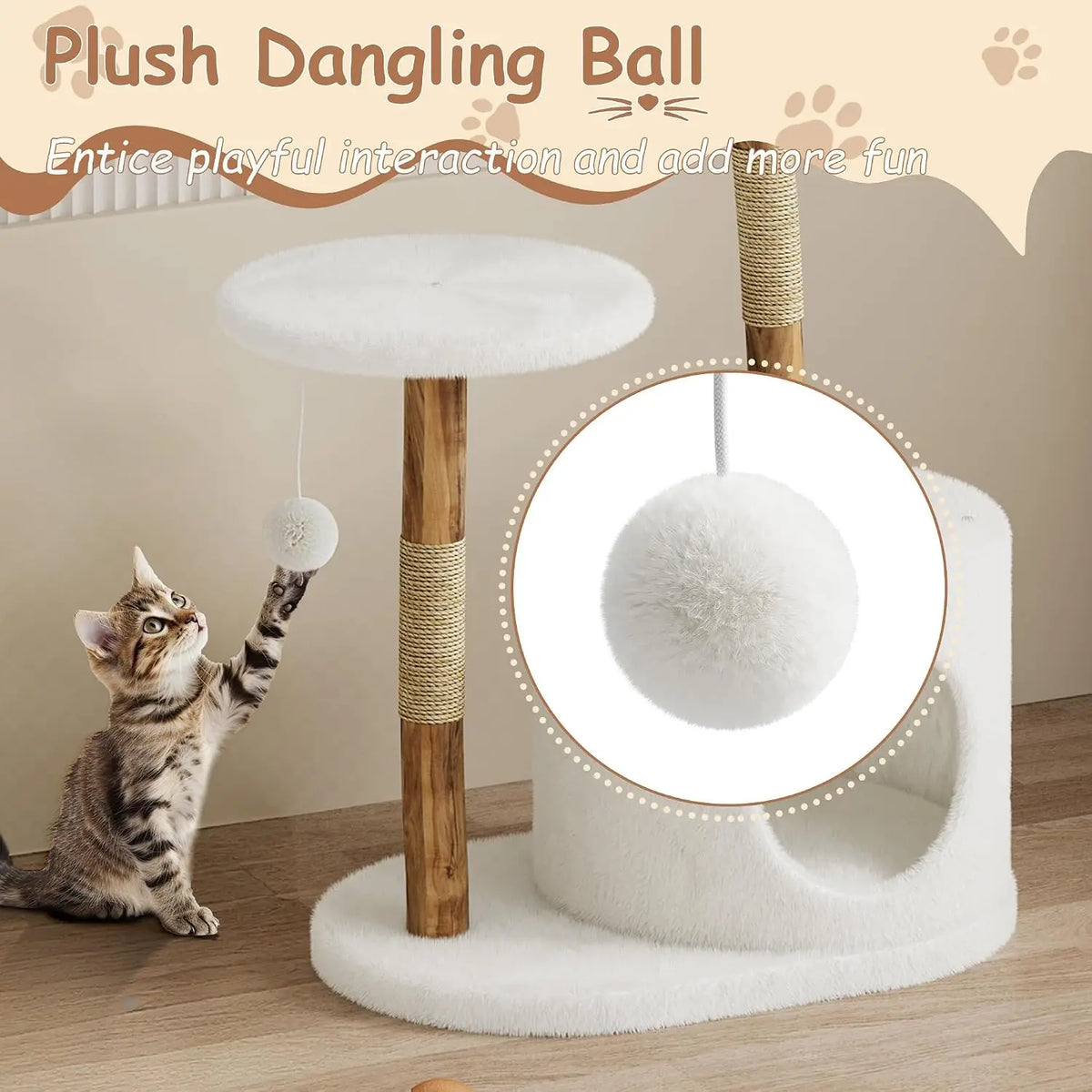 Tacleekii Natural Wood Cat Tree Tower with Wicker Basket Perch & Sisal Scratching Posts