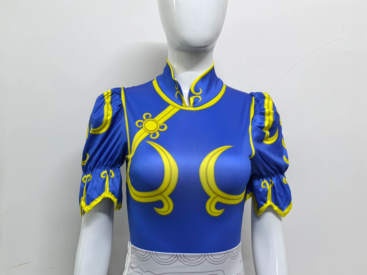 Women's Street Fighter Chun Li Cosplay Costume - Blue Cheongsam Dress with Headdress & Waistband Set