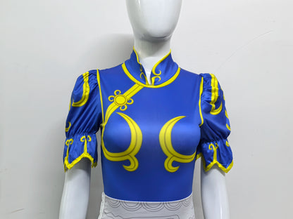 Women's Street Fighter Chun Li Cosplay Costume - Blue Cheongsam Dress with Headdress & Waistband Set