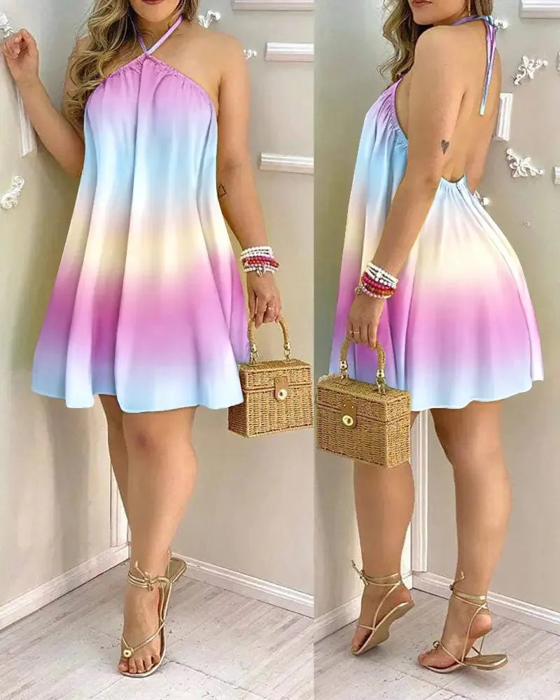 Women's Tropical Leaf Print Halter Neck Mini Dress – Sleeveless Backless Beach Sundress