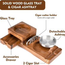 Solid Wood Cigar Ashtray with Cigar Drawer Whiskey Cup Holder Cigar Cutter Stainless Steel Bowl