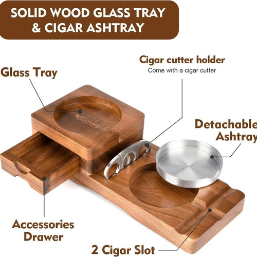 Solid Wood Cigar Ashtray with Cigar Drawer Whiskey Cup Holder Cigar Cutter Stainless Steel Bowl