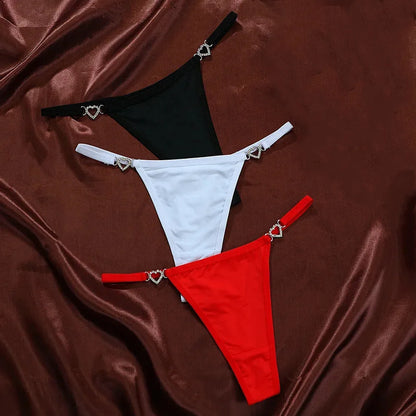 3Pcs Women's Seamless Ice Silk Thong Set - Low Waist Thin Strap G-String Panties with Rhinestone Buckle