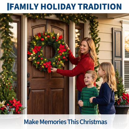 24-Inch Pre-Lit Christmas Wreath with Red Poinsettias & LED Lights