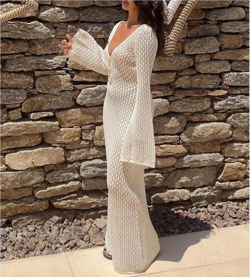 Women's Deep V-Neck Backless Knit Beach Cover-Up Dress