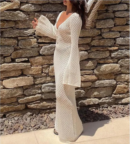 Women's Deep V-Neck Backless Knit Beach Cover-Up Dress