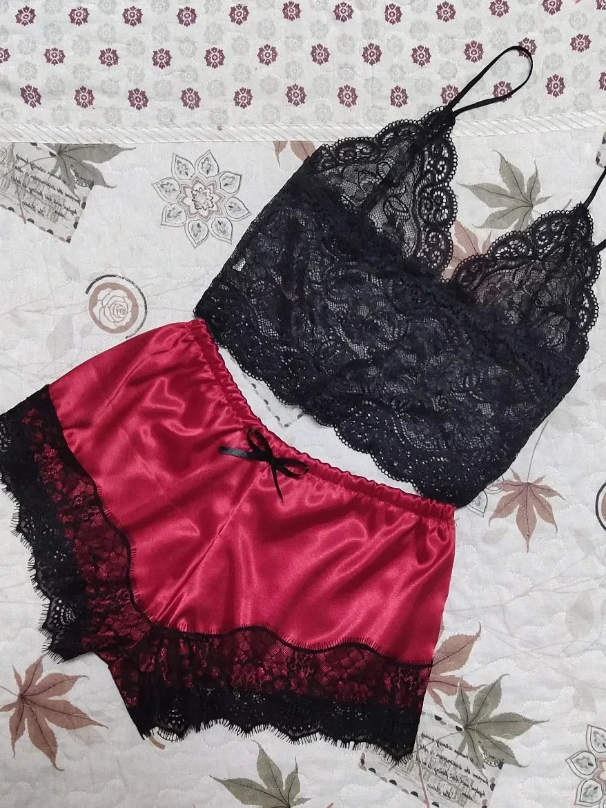 Women's 2-Piece Lace & Satin Pajama Set