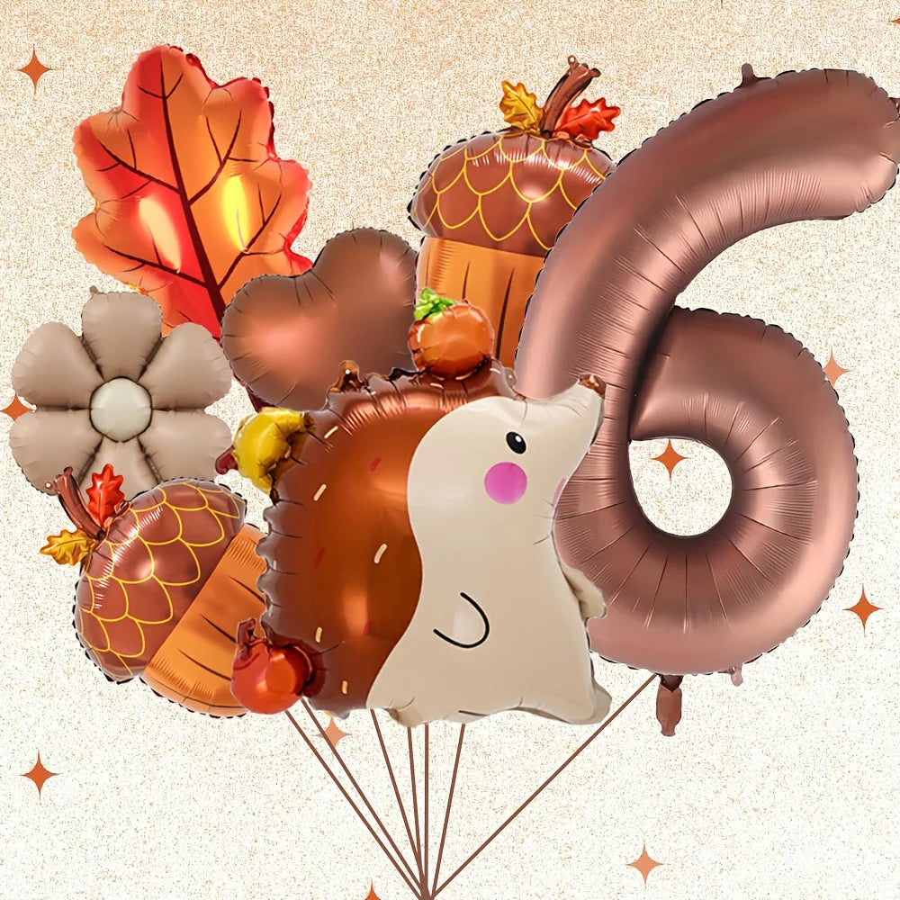 7Pcs Autumn Pinecone Hedgehog Balloon Set - 32 Inch Brown Number 1-9 Thanksgiving & Birthday Decor