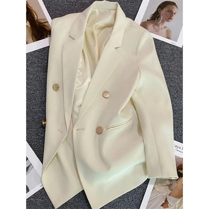 Women's Elegant Double-Breasted Blazer Jacket - Spring Autumn Slim Fit Korean Style Outerwear