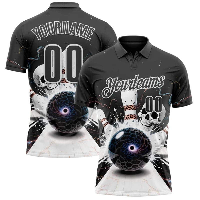 Men's Custom Skull Graphic Bowling Polo Shirt