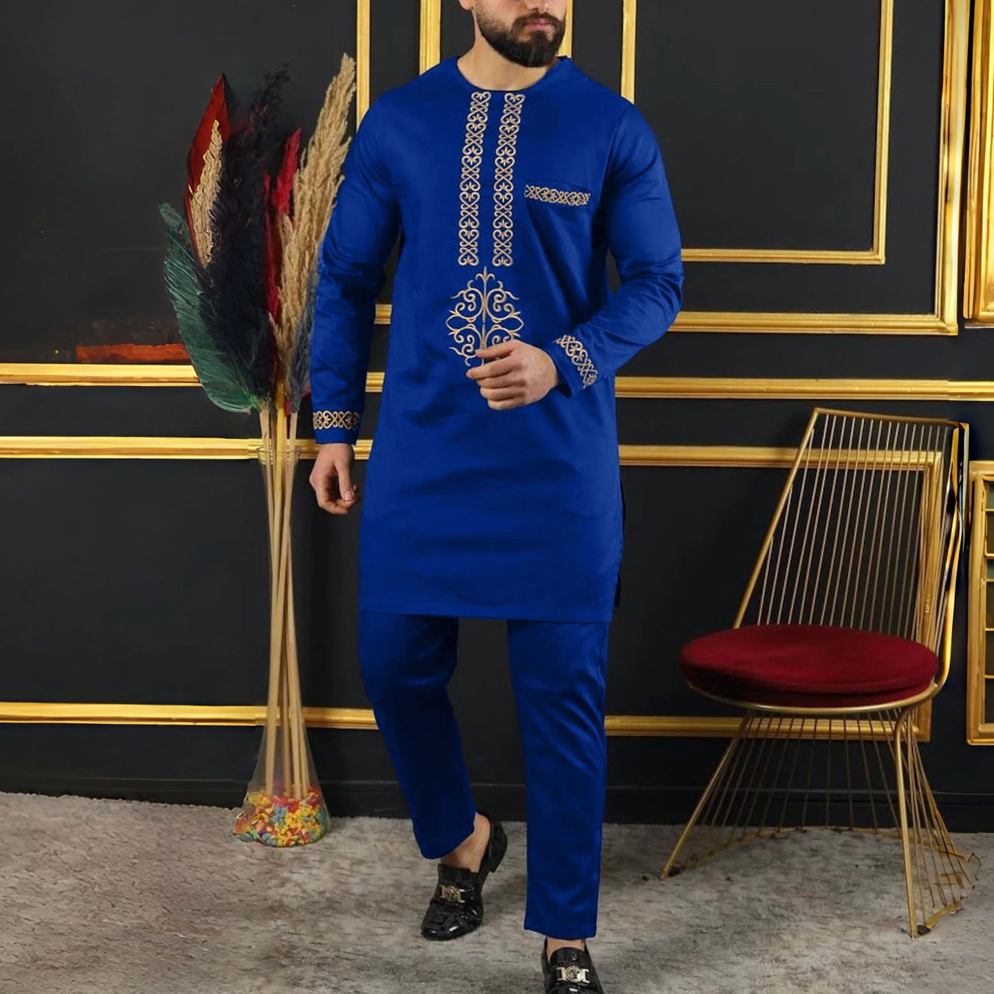 Men's Elegant Dashiki Embroidered Shirt & Full Pant Suit Set