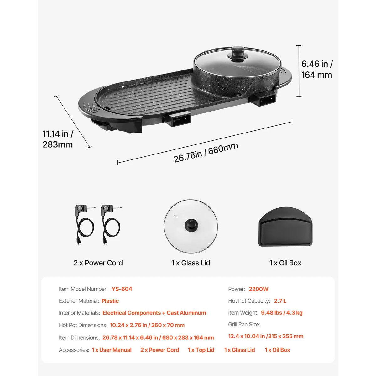 Hot Pot with Grill, 2200W 2-in-1 Electric Smokeless Grill and Hot Pot