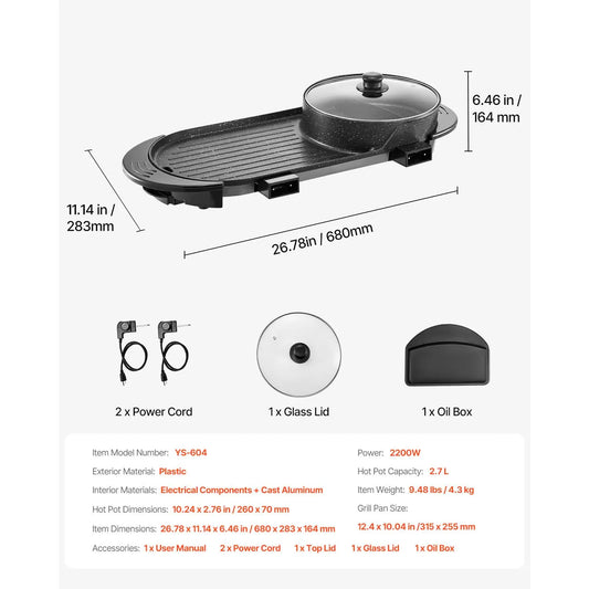 Hot Pot with Grill, 2200W 2-in-1 Electric Smokeless Grill and Hot Pot