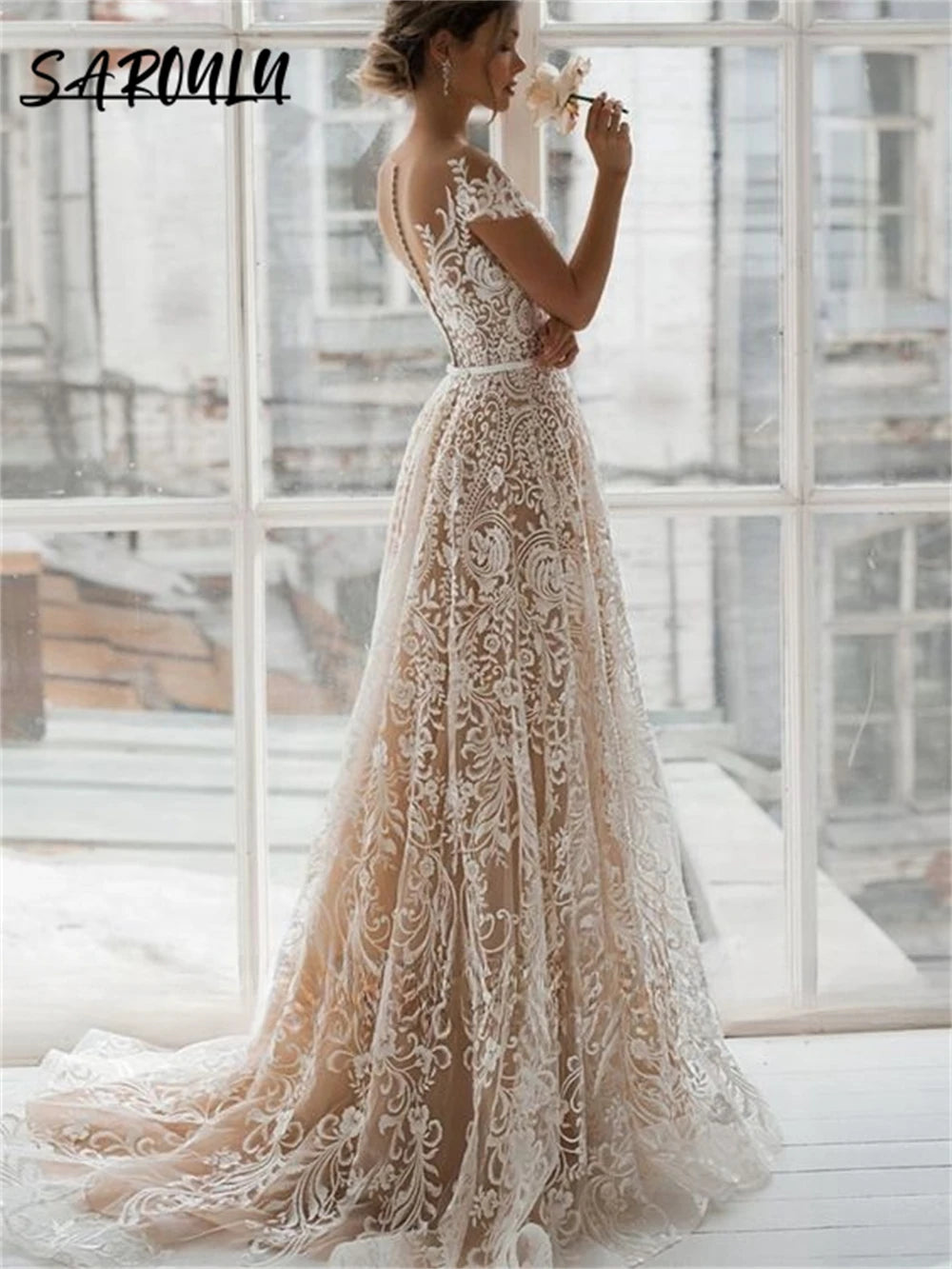 Romantic Lace A-Line Wedding Dress – Scoop Neck Backless Bridal Gown