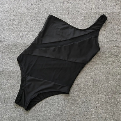Women's One-Shoulder Mesh Spliced One-Piece Swimsuit