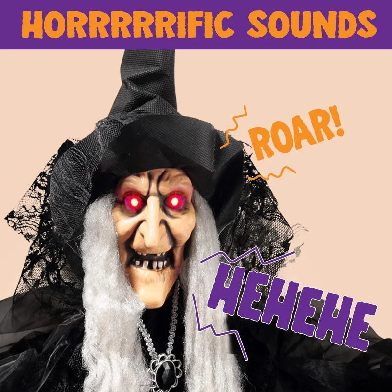 47" Animated Hanging Witch Halloween Prop with Sound Activation & LED Eyes