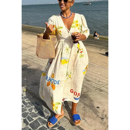 Women's Boho Printed V-Neck Puff Sleeve Loose Vacation Maxi Dress