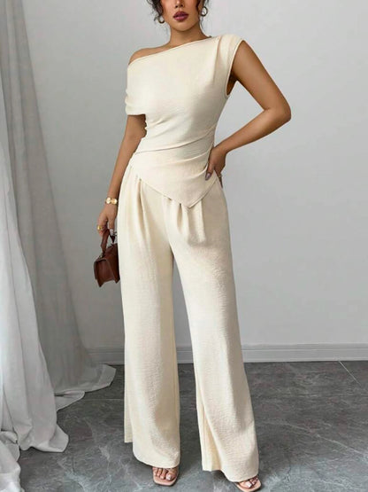 Women's Elegant Asymmetric Top & Wide-Leg Pants 2-Piece Set