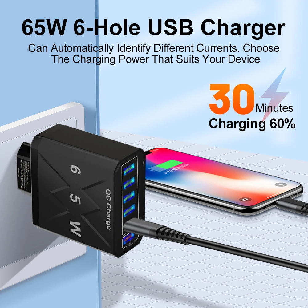 65W 6 Ports USB Fast Charging QC3.0 Travel Charger