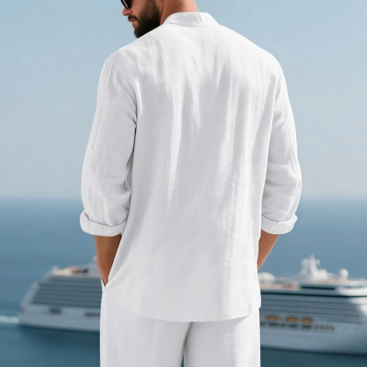 Men's White Linen Button-Down Mandarin Collar Vacation Shirt
