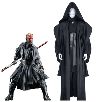Men's Darth Maul Cosplay Costume Full Set - Black Hooded Robe Tunic Uniform