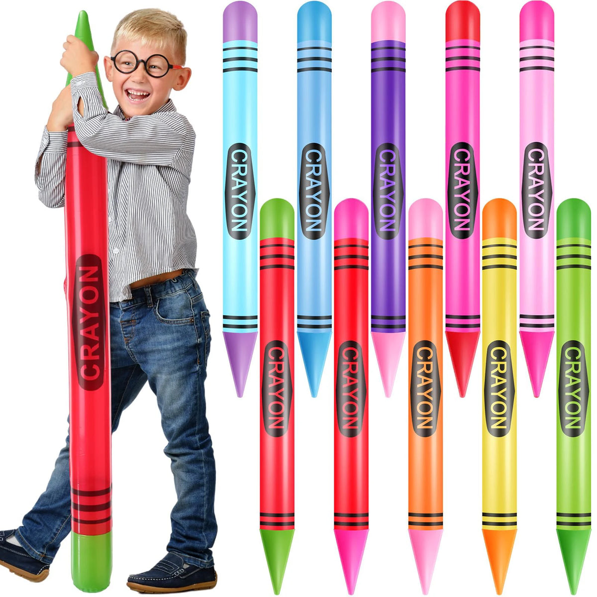 Jumbo Inflatable Crayon Balloon Set - Neon Back to School & Classroom Party Decor