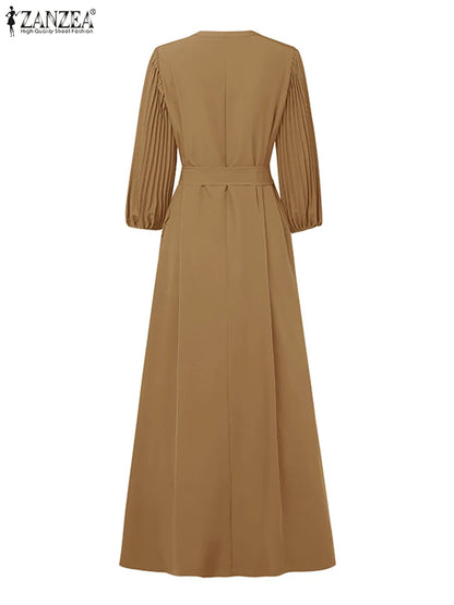 ZANZEA Women's V-Neck Pleated Maxi Dress - Casual Loose Fit 3/4 Lantern Sleeve Long Sundress with Belt