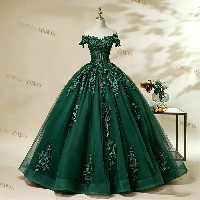 Off-The-Shoulder Floral Applique Quinceañera Ball Gown