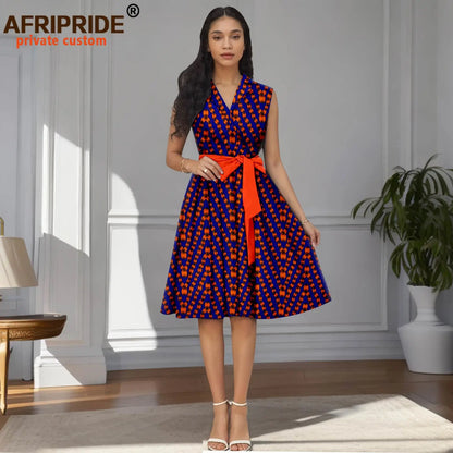 Designer Print Sleeveless High Waist Dress with Sash