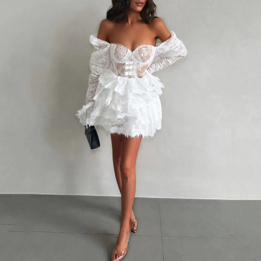 Elegant Off-The-Shoulder Lace & Tulle Mini Bridal Dress