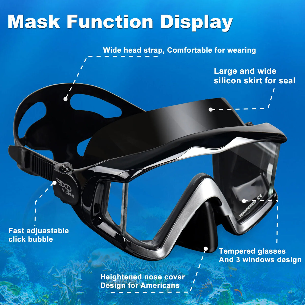 Adult Panoramic 3-Window Tempered Glass Diving & Snorkel Mask Set