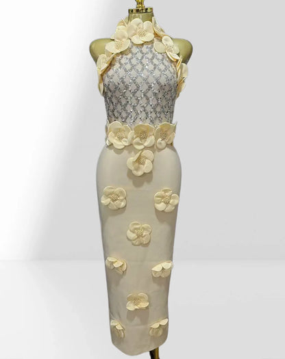 Glamorous Sequined 3D Flower Halter Bodycon Evening Gown