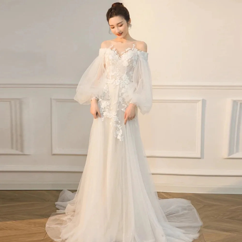 Off-Shoulder Lace Boho Wedding Dress with Long Puff Sleeves