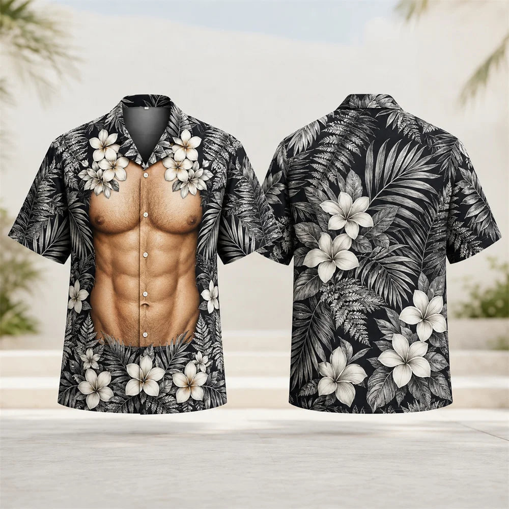 Men's Tropical Hawaiian Shirt - Muscle Print Novelty Short Sleeve Button Down Beach Resort Shirt