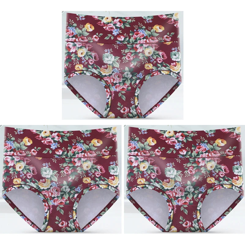 3-Pack Women's Floral Print High-Waisted Briefs - Plus Size Breathable Cotton Panties
