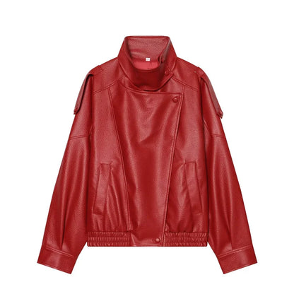 Women's Black Faux Leather Motorcycle Jacket – Long Sleeve Casual Coat