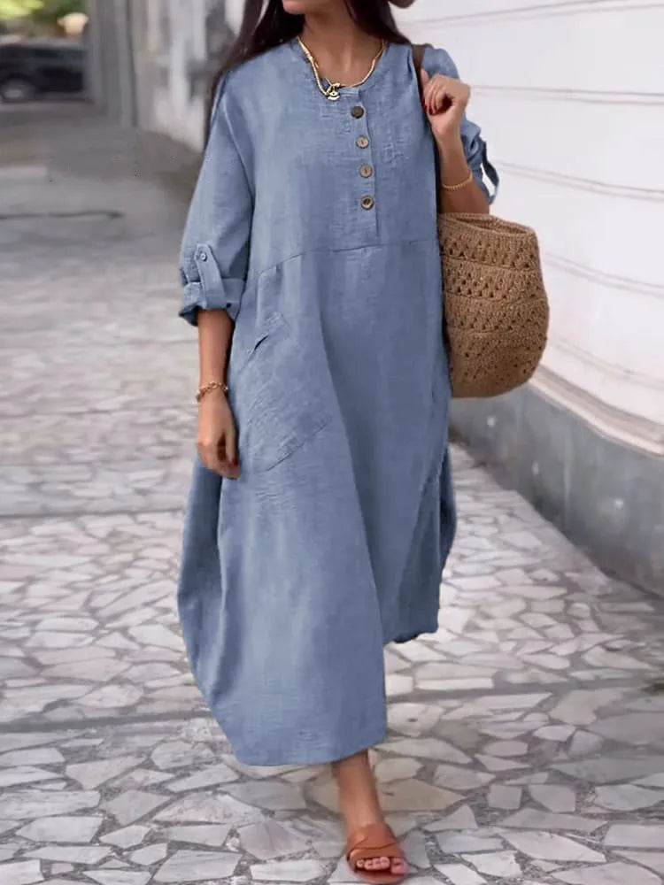 Women's Loose Cotton Linen Long Sleeve Maxi Dress with Pockets