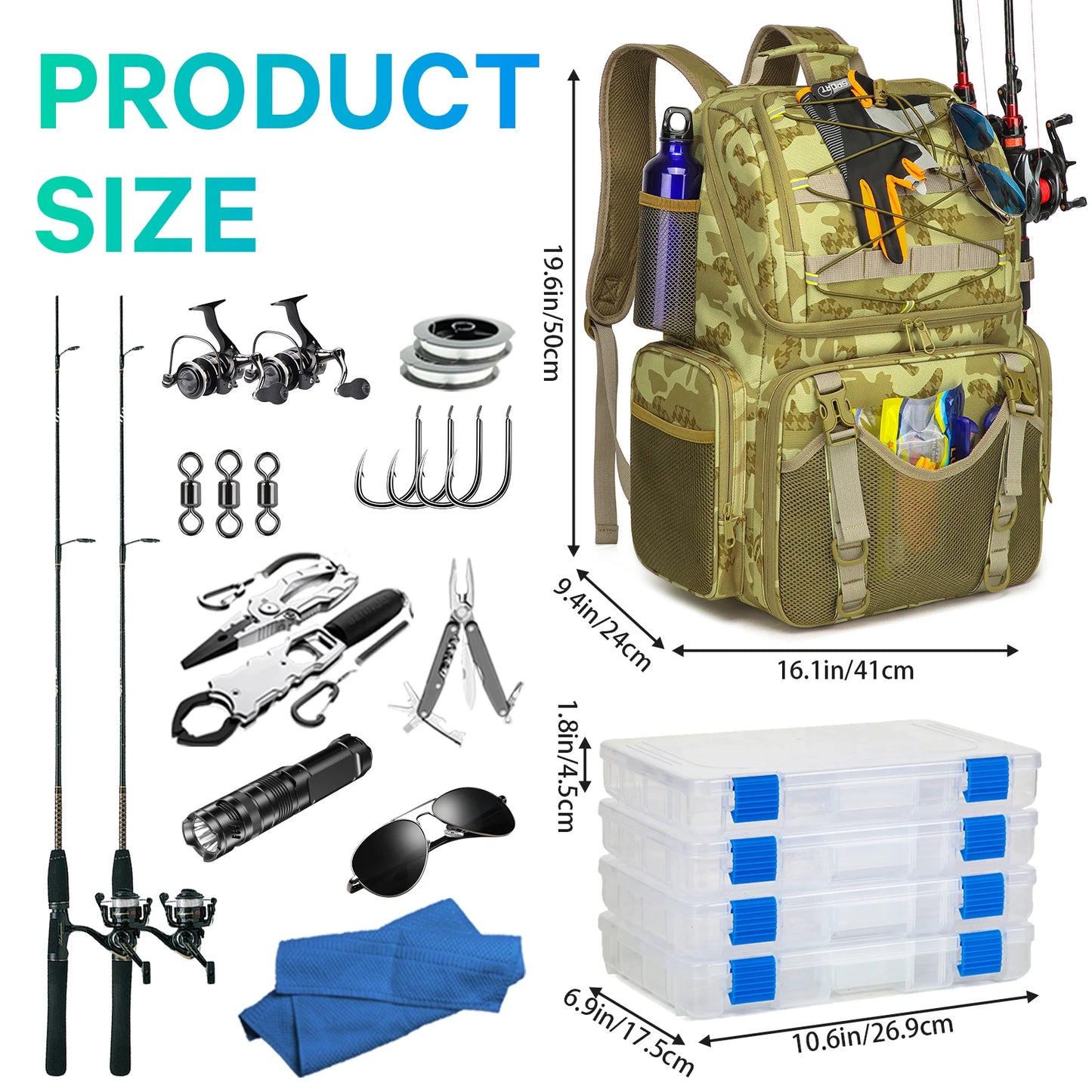 45L Fishing Tackle Storage Bag with Rod Holders & Rain Cover