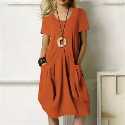 Women’s Cotton Linen Short-Sleeve Midi Dress – Casual Summer Dress with Pockets
